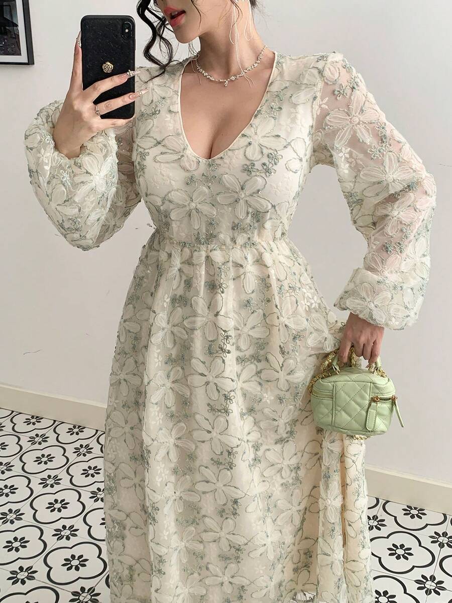 DAZY 春夏休闲修身度假风欧根纱亮片优雅新年圣诞婚礼派对宴会舞会礼服，V领印花网纱拼接长款连衣裙 - 薄荷綠 - 查看 1