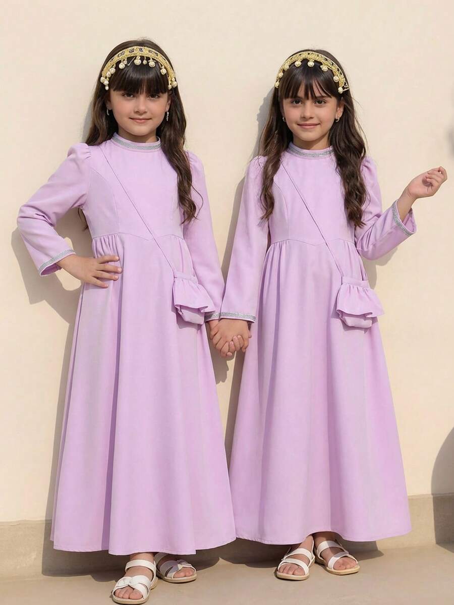 SHEIN Vestido Abaya tradicional árabe para meninas pré-adolescentes, com mangas compridas e cintura marcada, ideal para festas temáticas do Oriente Médio. - Roxa - Ver 1