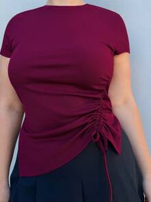 Nezia Cruz 大码抽绳侧不对称短款 T 恤，修身款，夏季 - 酒紅色 - 查看 6