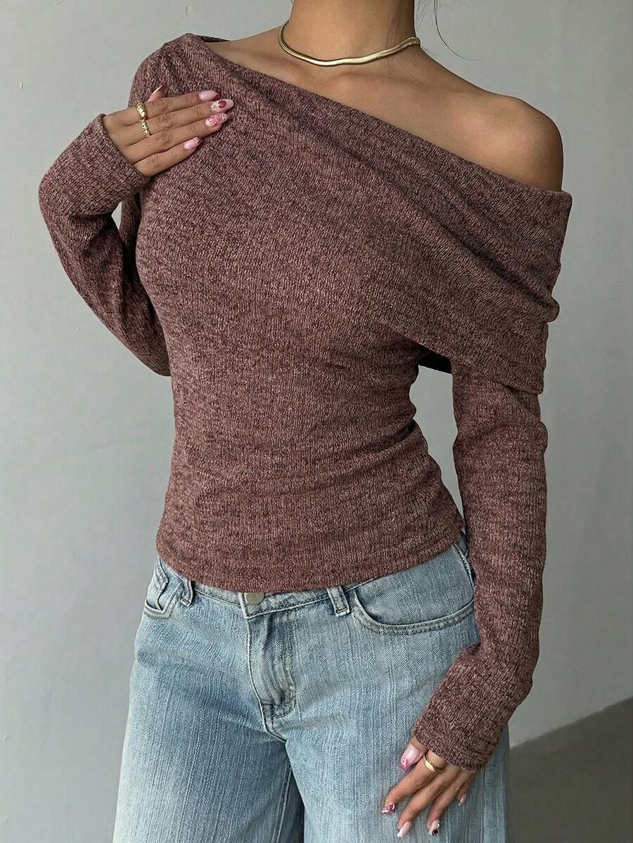 Aloruh T-shirt asymétrique décontracté pour femmes, t-shirt à nœud torsadé de couleur unie pour les déplacements quotidiens et le port à la maison, t-shirt en maille à manches longues - Tabac - Voir 1
