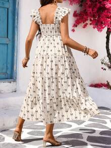 SHEIN 孕妇夏季度假休闲印花宽松连衣裙 - 卡其色 - 查看 2