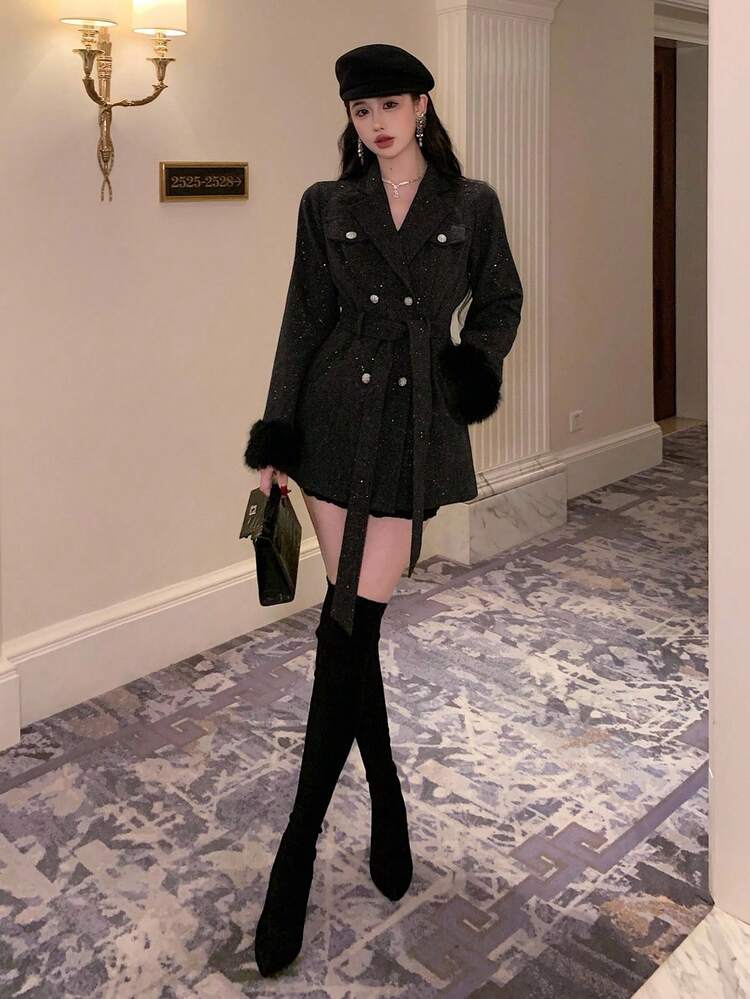 DAZY 女士毛绒拼接羊毛大衣，宽松商务休闲风，适合新年、圣诞节、婚礼、派对，时尚金属扣腰带系带亮片装饰，中长款，秋冬外套 - 深灰色 - 查看 5