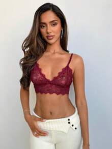 Aloruh Lady Red 半罩杯蕾丝文胸，适合外出工作穿着，纯色蕾丝衬里文胸，带有睡衣风格装饰 - 酒紅色 - 查看 4