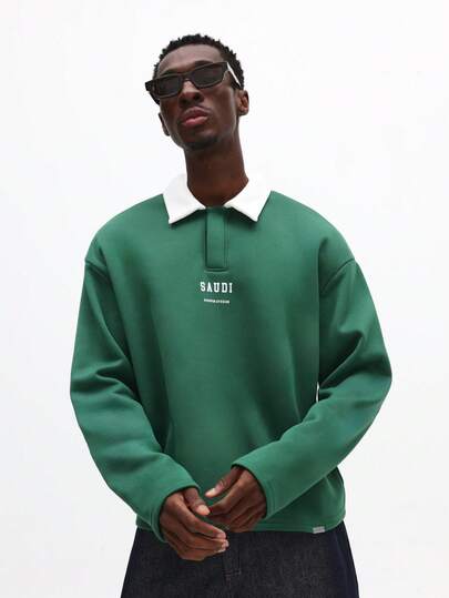 SUMWON قميص بولو بأكمام طويلة مع طوق أبيض وشعار صدري كلاسيكي للارتداء الكاجوال في الربيع والصيف