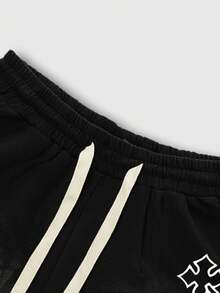 ROMWE MEN 男士交叉印花抽绳腰破洞休闲宽松短裤 - 黑色 - 查看 4