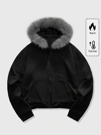 Herren Lässig Alltags Reißverschluss Fleece Trim Kapuzenpullover, Herbst/Winter