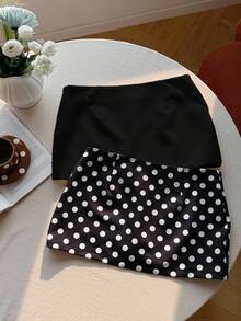 Comfortcana 两件套女士波点纯色半身裙套装 - 黑色 - 查看 2