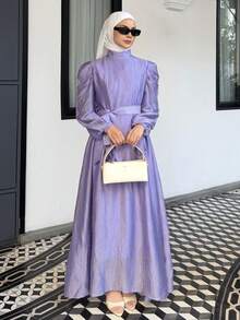 DAZY Women's Elegant Solid Color Stand Collar Puff Sleeve Belted Long Dress, Spring/Summer Vacation Maxi Dress Sundress - Purple - View 3