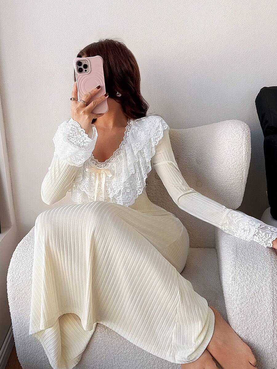 Dream Adore Women's Slim Fit V-Neck Long Nightgown With Distinctive Double-Layer Lace Trim On Collar And Cuffs - Apricot - View 1