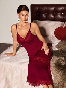 Slumberist Nuisette longue sans manches en patchwork de dentelle pour femmes - Vieux Rose - Voir 3
