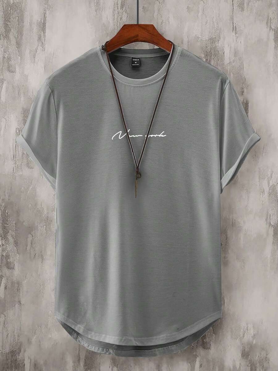 Manfinity Homme 男士休闲百搭字母印花短袖T恤，夏季男士圆领T恤，男士夏季短袖休闲T恤，灰色上衣，男士印花T恤，男士标语图案T恤 - 灰色 - 查看 1