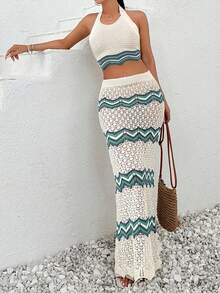 EURMUSE Women Cover-Up Knit Halter Neck Top And Skirt Set - Multicolor - View 3