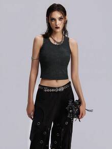 Breakform Women's Punk Floral Jacquard Ribbed Rhinestone Decor Sleeveless Cropped Tank Top, Suitable For Daily Wear - Black - View 3