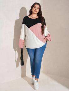 SHEIN LUNE Plus Size Casual Contrast Color Round Neck Lantern Sleeve Sweatshirt, Autumn Plus Size Fall Clothes - Pink - View 6