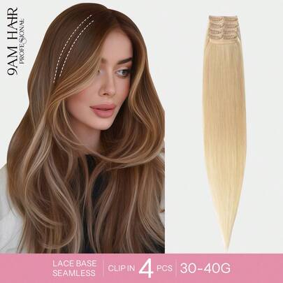 9AM Hair 接发 4 件装，含 8 个接发夹 直发夹接发 100% 真人发色 613# 浅金色 12-18 英寸双纬隐形接发 雷米天然真人发 适合女性女孩日常全头使用 接发 运动 度假 旅行 节日 舞会 户外 角色扮演 校园 学校 海滩 婚礼 露营 假日装扮 夏季装扮 魅力 优雅休闲 Y2K 时尚风格 SS25 关键词 万圣节服装