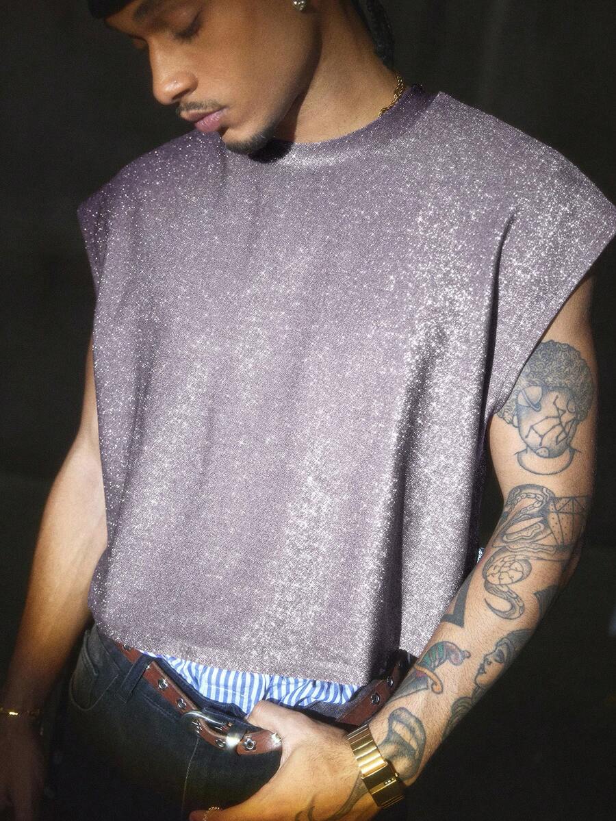 AXEPEAK Men's Shiny Round Neck Loose Fit Tank Top - Dusty Purple - View 1