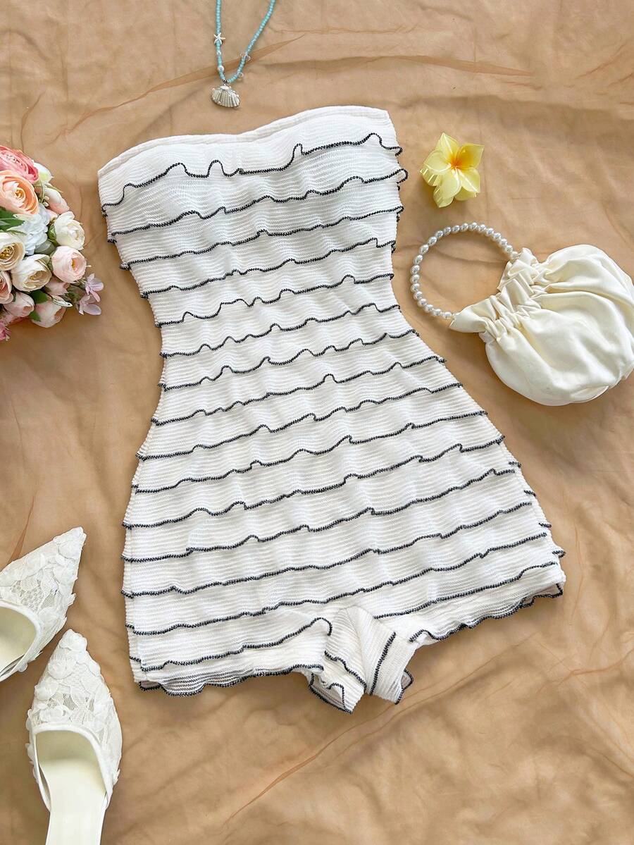 Soleia Women's Multi-Layer Frill Trim Bandeau Romper