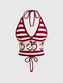 ROMWE Fairycore Uroczy, prążkowany, dzianinowy top w stylu Mori z wzorem jabłka i naszyjnikiem z drewnianych koralików - Czerwony - Zobacz 1