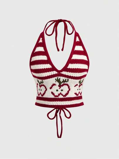 Fairycore Cute Mori Style Apple Pattern Striped Cropped Knit Top With Wooden Bead Necklace Decor