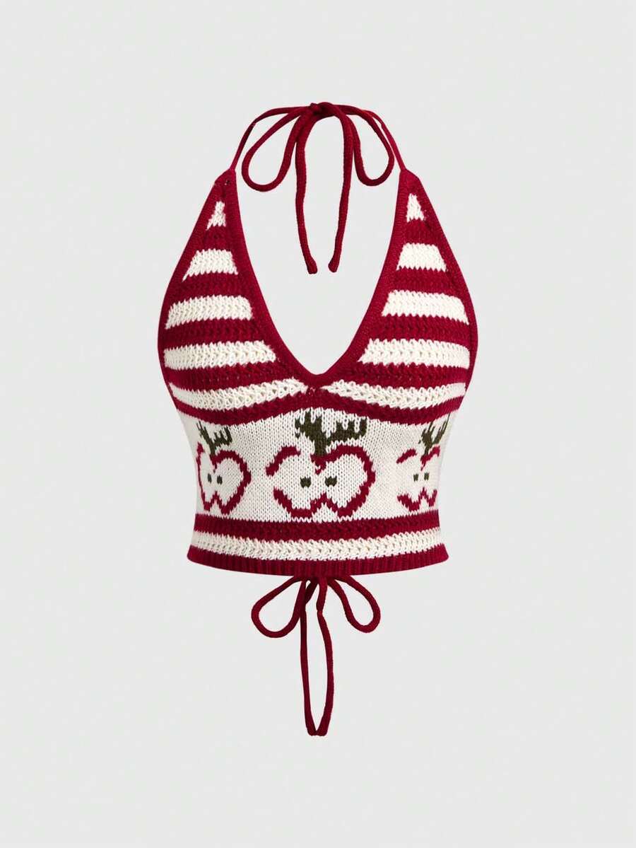ROMWE Fairycore Uroczy, prążkowany, dzianinowy top w stylu Mori z wzorem jabłka i naszyjnikiem z drewnianych koralików - Czerwony - Zobacz 1