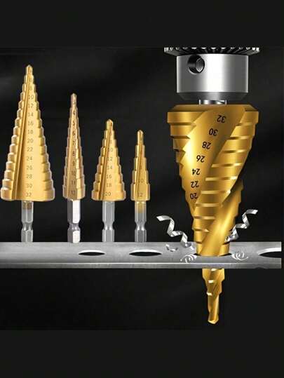 3pcs/Set Titanium Coated High Speed ​​Steel Step Drill Bit Set, Pagoda Drill Bits For Wood And High Efficiency Metal - Durable, Smooth Chamfer, No Burrs, Not Easy To Rust, Easy Installation, Improved Efficiency