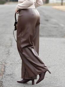 Melissa Matos Women's Leather Women Pants Plain Front-Button Minimalist Casual Pants, Daily Wear,Women Bottoms - Coffee Brown - View 4