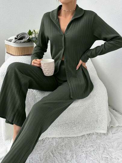 EURMUSE Plus 100%Cotton Shirt Style Buttoned Striped Dark Burgundy 2 Pieces Pajama Set