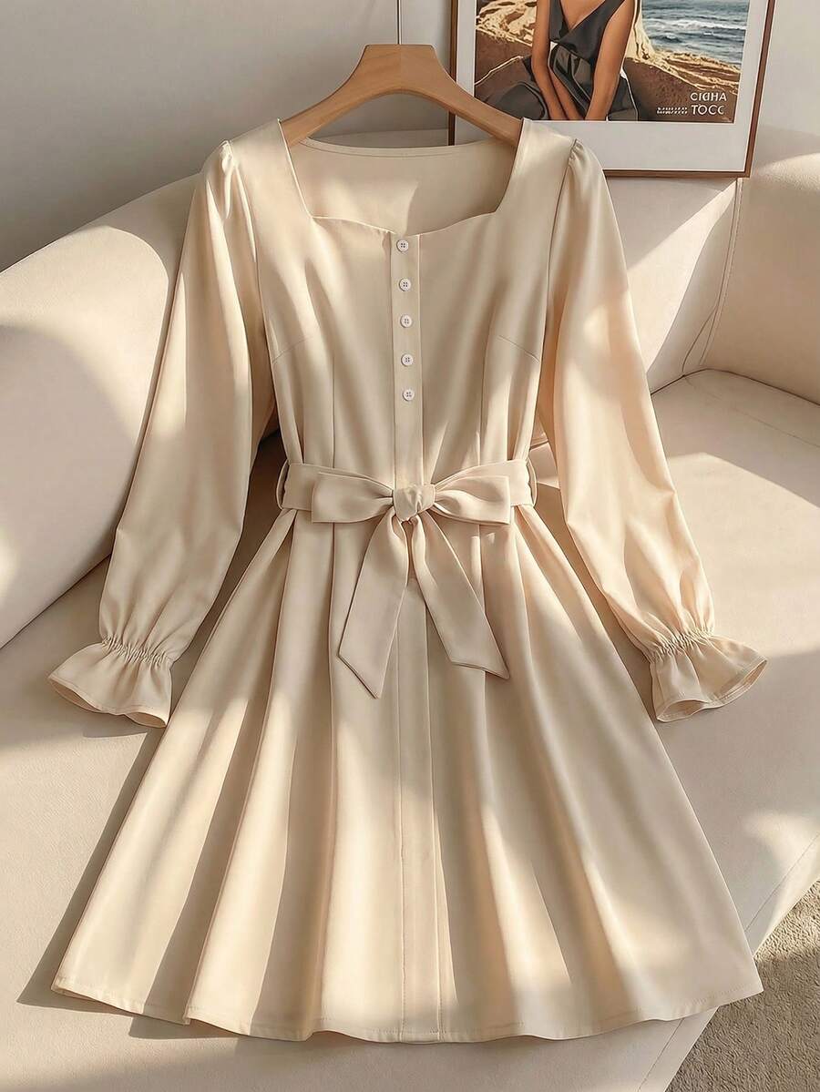 Franclia Women's Long Beige Autumn Elegant Tea Party Brunch Dress Square Neck Bow Tie Waist Single Breasted Ruffle Cuffs Vintage Milkmaid Peasant Pleated - Apricot - View 1