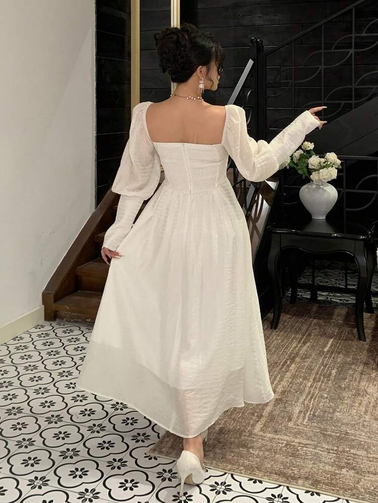 Women's Elegant Solid Color Square Neck Gigot Sleeve Long Dress, Spring/Summer Maxi Dress Sundress