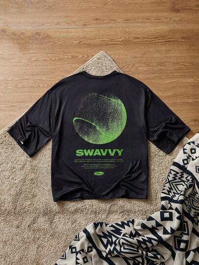 SWAVVY Camiseta de manga corta holgada de cuello redondo, de tela de punto elástica, con estampado digital de patrón de tenis, de color negro, para hombre, de estilo deportivo casual