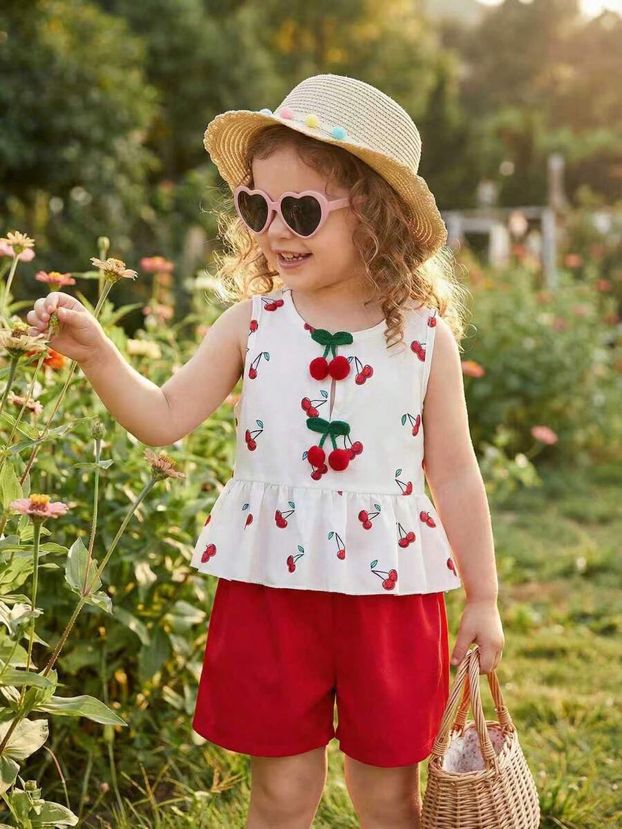 Souflis Souflis 2 pièces/set Haut sans manches avec décoration de pompons 3D cerises mignonnes et short rouge pour jeunes filles, tenue décontractée pour les vacances, été - Rouge - Voir 1
