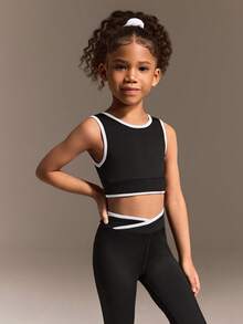 女童黑色无袖运动套装，短袖运动服，贴身高弹面料，背部交叉镂空设计，高弹力，适合健身、骑行、慢跑和球类运动。 - 黑色 - 查看 2