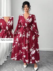 Vestido largo de línea A con cuello en V, mangas farol y cintura marcada, para mujer talla grande, para otoño e invierno - Multicolor - Ver 4
