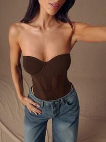 SHEIN BAE Bộ đồ liền thân hở lưng bất đối xứng phối lưới mỏng gợi cảm màu đen, phù hợp cho mùa thu/đông, Giáng sinh, Halloween, Ngày của người chết - Cà phê nâu - Xem 6