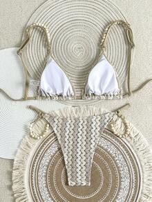 SHEIN Swim Mod 夏季女士两件套串珠钩编针织吊带比基尼裤套装，沙滩度假装 - 彩色 - 查看 4