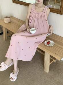 DAZY Cherry Print All-Over Textured Chiffon Fabric Sleeveless Loose Women Nightgown - Pink - View 6