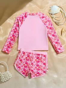 Young Girls One Piece Cute Pink Fish Scale Splicing Pink Printed Top Knitted Fabric Long Sleeve Zipper Design Split Two Piece Set Fashionable And Casual Exquisite Gorgeous Ladies Suitable For Swimming Suitable For Summer Vacation Beach Beach Swimming Pool Summer Party Leisure Vacation Kids Girl Rash Guard 2 Piece Pink Swim Shirt For Girls Kids Clothing Sun Protection Girls Swimsuit Long Sleeve Rash Guard Girls Rash Guard 2 Piece - Multicolor - View 2