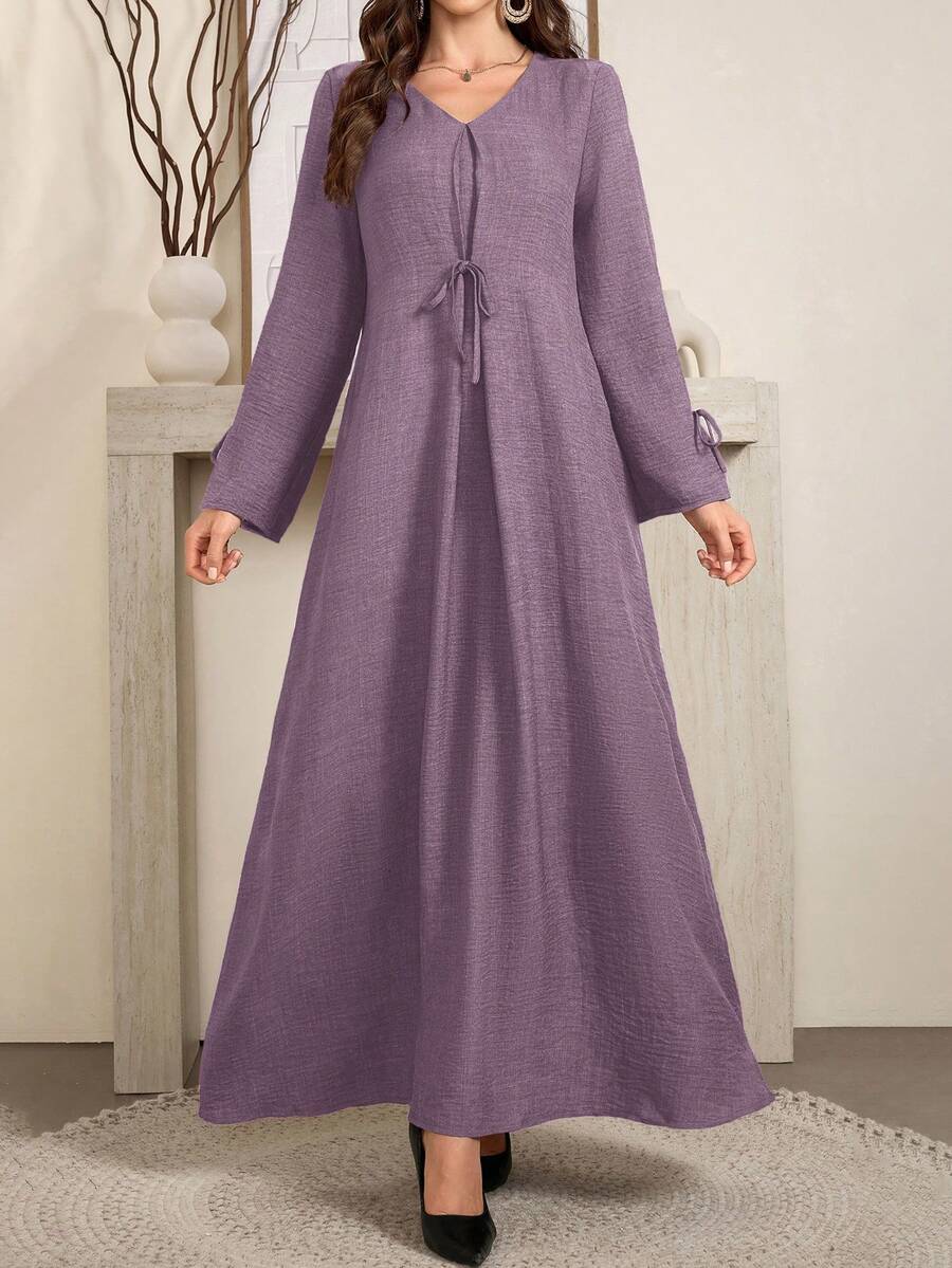 Al Najma 女士优雅宽松舒适蝴蝶结竹结亚麻连衣裙长款女装 - 紫色 - 查看 1