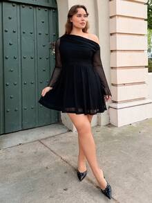 Nezia Cruz Plus Ruched Asymmetrical Shoulder Flare Hem Dress - Dark Grey - View 6