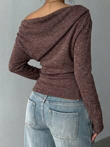 Aloruh T-shirt asymétrique décontracté pour femmes, t-shirt à nœud torsadé de couleur unie pour les déplacements quotidiens et le port à la maison, t-shirt en maille à manches longues - Tabac - Voir 2