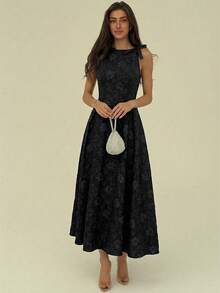 Aloruh Đầm dài nữ kiểu dáng thanh lịch, thắt eo, trang trí nơ jacquard, thích hợp cho các buổi hẹn hò và tiệc tùng. - màu đen - Xem 4