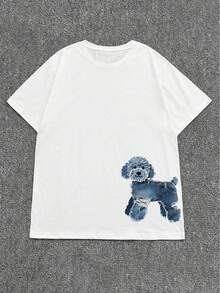 复古拼接狗狗图案印花T恤，女士休闲圆领短袖简约上衣，适合日常穿着