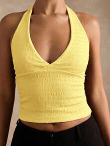 SHEIN BAE Áo tank top nữ màu trơn cổ yếm hở lưng kiểu dáng thường ngày - Màu vàng - Xem 3