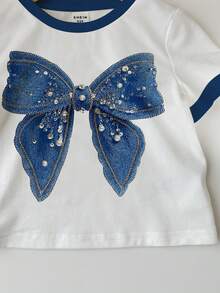 SHEIN Top de bebé niña multicolor de tela con patrón geométrico y detalles de rhinestones y manga corta - Multicolor - Ver 6