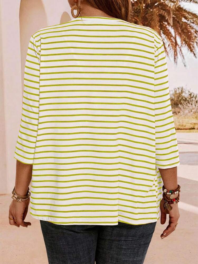 Plus Size Women's Summer Casual Vacation Striped 3/4 Sleeve Jacket Coat,Spring Break, Vacation Women, Holiday For Women,Going Out,2026 New,Simple And Fashionable For Everyday Wear, Summer Cardigan For Women, Women's Striped Cardigan