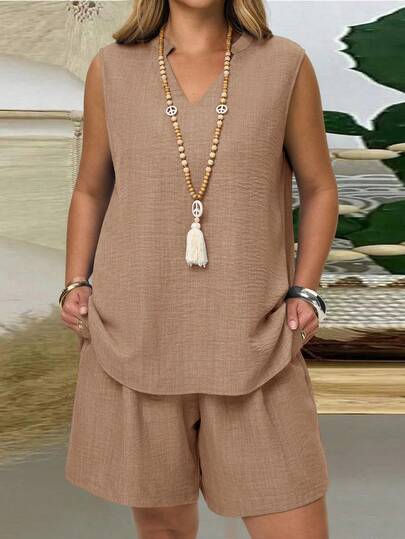 EMERY ROSE ชุดเซ็ตเสื้อกล้ามคอกลมแขนกุดสีพื้นสไตล์ลำลองสำหรับฤดูร้อนและกางเกงขาสั้นทรงหลวมสำหรับผู้หญิงไซส์ใหญ่ 2 ชิ้น