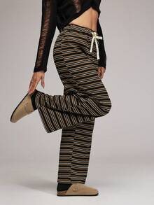 HautHeat Women Loose Striped Drawstring Casual Lounge Pants - Coffee Brown - View 4