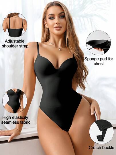 SHEIN 1pc Women's Adjustable Strap Solid Color Shapewear Bodysuit