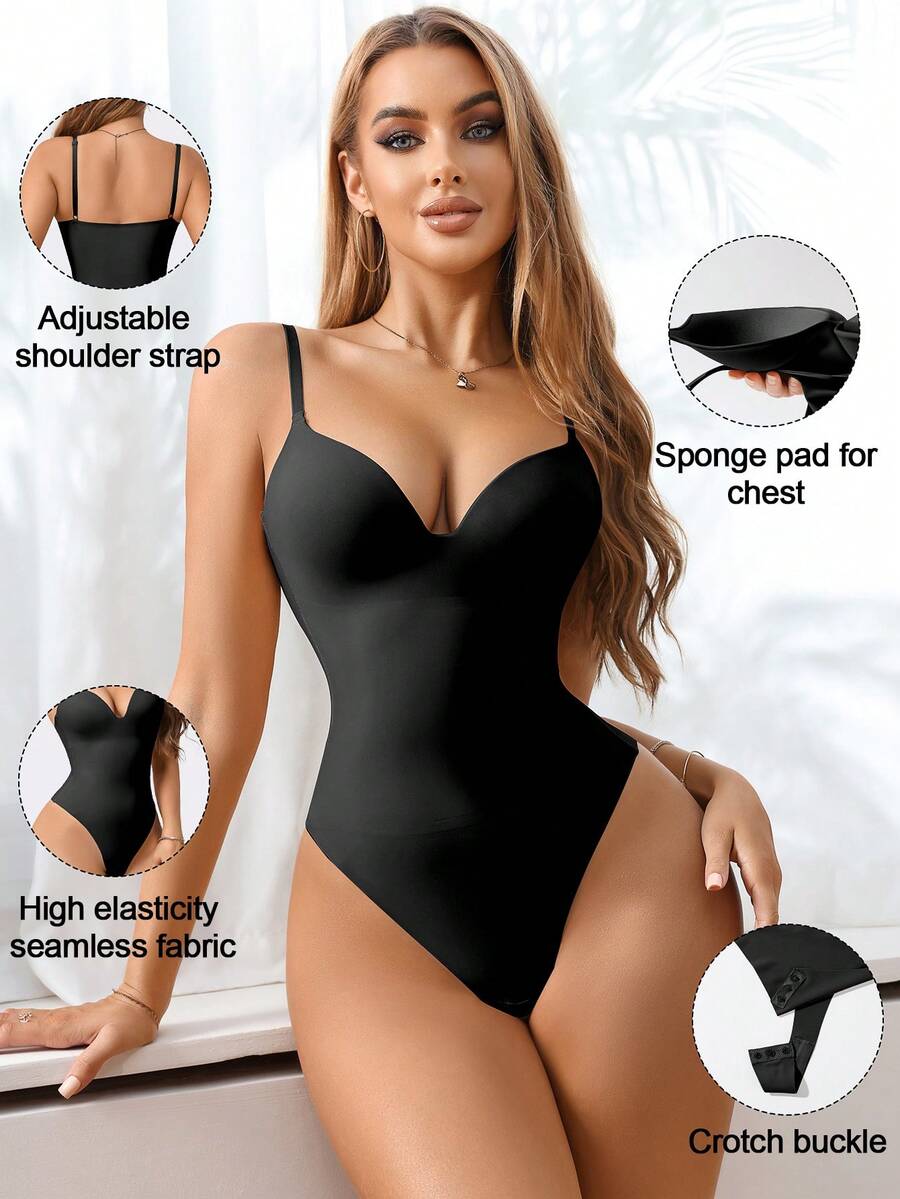 SHEIN 1 bộ áo định hình toàn thân màu trơn dành cho nữ, có dây đeo điều chỉnh được. - màu đen - Xem 1