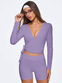 Eassivo Eassivo Women's Purple Wrap V Neck Long Sleeve Crop Top,Stretchy Yoga Outfits, Pink Gym Activewear,Light Pink Top,Women's Casual Sports Tie-Up Long Sleeve T-Shirt - Purple - View 5